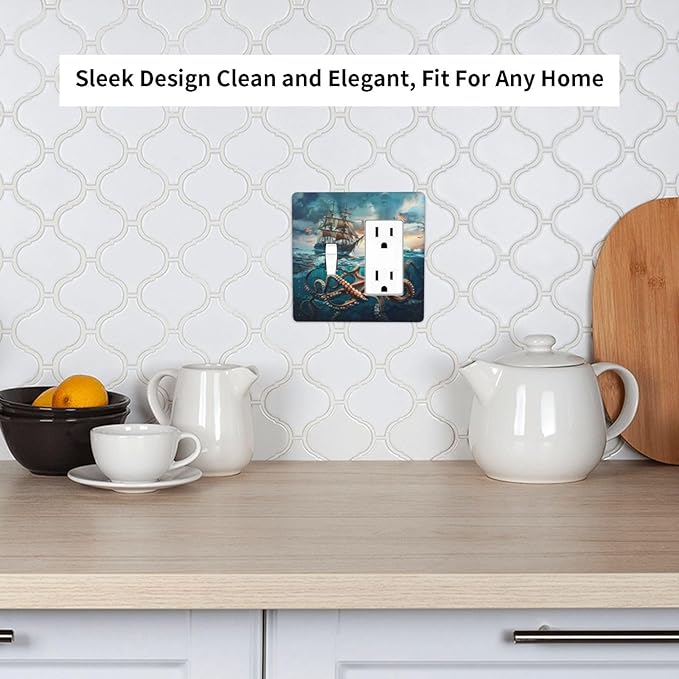 Light Switch Cover Plate Sailboat Ship Octopus Ocean Sea Waves 2 Gang Combo Wall Plates Toggle Rocker Decorative Switch Plates and Outlet Covers for Bathroom Bedroom Decor