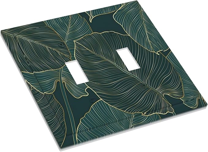 Gold Tropical Green Botanical Palm Leaves Decorative Switch Plates 2 Gang Double Toggle Outlet Light Switch Cover Wall Plate Electrical Faceplate for Bedroom Living Room Decor