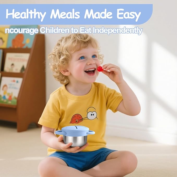 Mity rain Stainless Steel Snack Containers for Toddlers with Spill-Proof Silicone Lids Handles - 3-in-1 Baby Snack Cups, No-Spill Toddler Snack Box (Blue+Green, Two piece set)