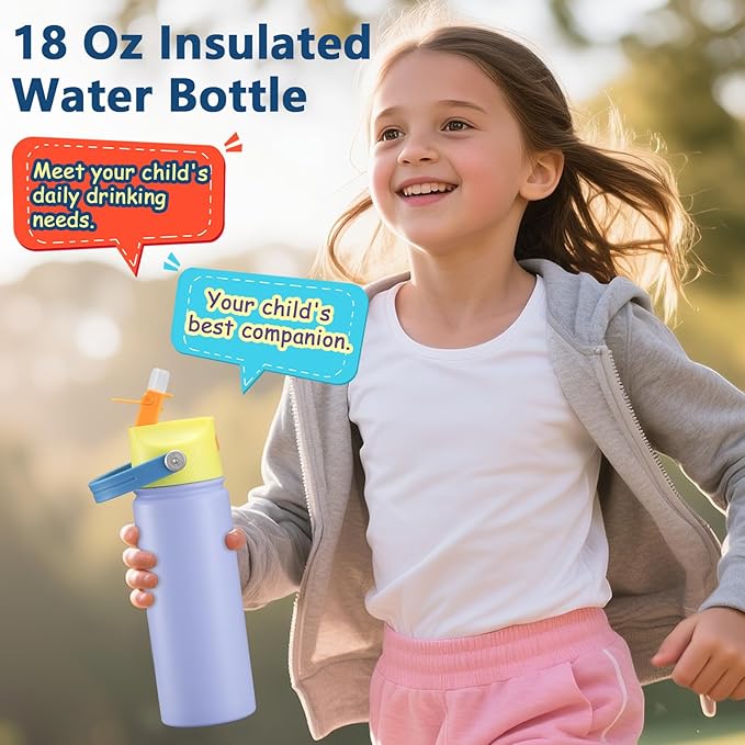 4 PACK 18 OZ Water Bottle for Kids, Stainless Steel Double Insulated Sports Water Bottle, Leak Proof Straw Cup for School, Gifts, Travel, BPA Free (Mixed Color)