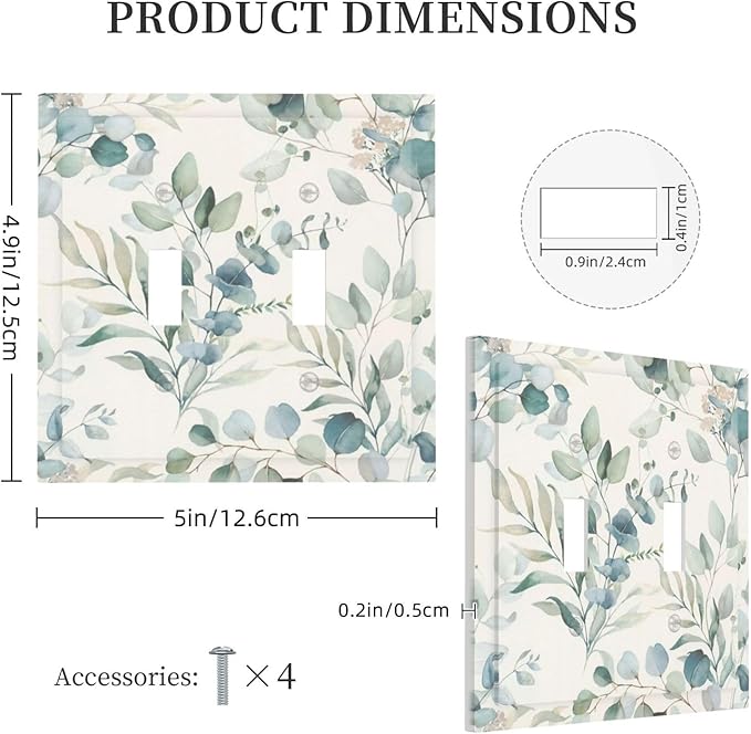 Boho Green White Eucalyptus Leaf Floral Decorative Switch Plates 2 Gang Double Toggle Outlet Light Switch Cover Wall Plate Electrical Faceplate for Farmhouse Living Room Decor