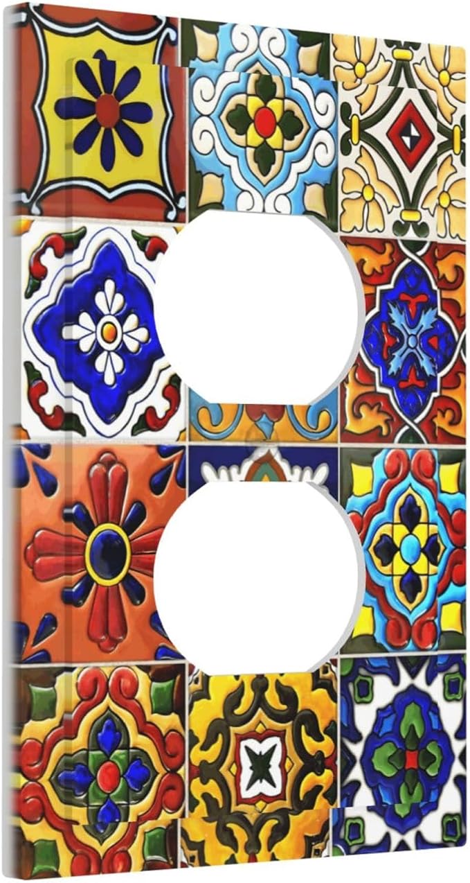Vintage Colorful Boho Mexican Moroccan Tile Outlet Covers 1 Gang Duplex Light Switch Cover Decorative Switch Plates Electrical Receptacle Faceplate Wall Plate for Farmhouse Home Decor