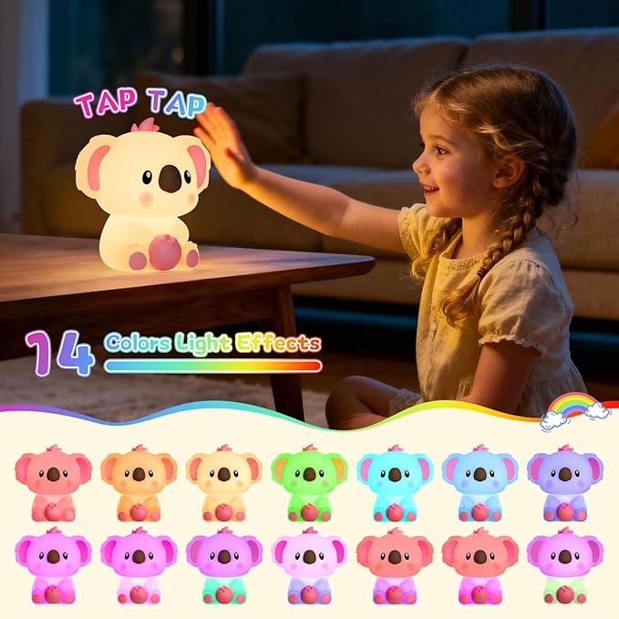 Kids Night Light, Portable 14 Colors Dimmable Warm Touch Koala Night Light Lamp for Baby Nursery, Breastfeeding, Room Decor, Girls Gift