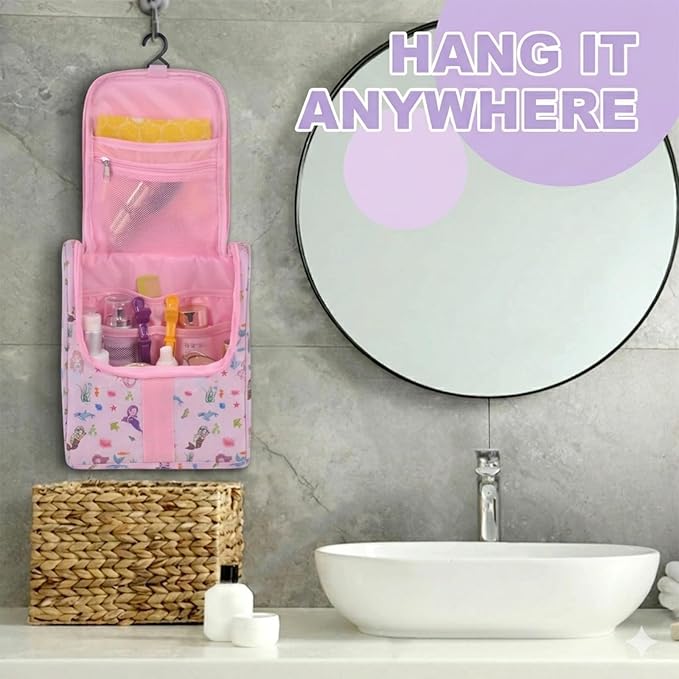 Remobia Hicol Cute Cartoon Hanging Kids Toiletry Bag Children Travel Cosmetic Makeup Organizer Wash Bag Shower bag Over Night Bag Camping Shaving Kit Bag for Boys & Girls (Mermaid Pink)