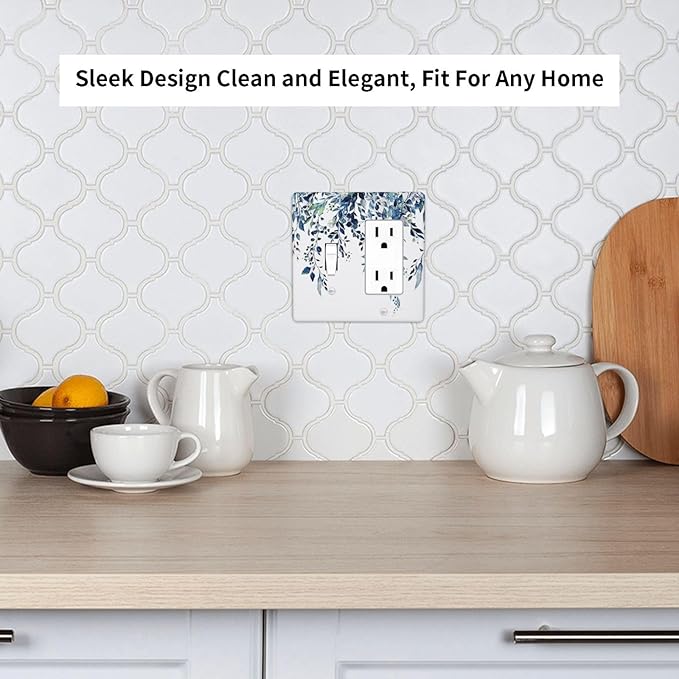 Blue Eucalyptus Watercolor Leaves 2 Gang Single Toggle Rocker Combination Light Switch Cover Green Plant Decorative Wall Plate Cover Electrical Faceplate for Bathroom Bedroom Kitchen Decorate