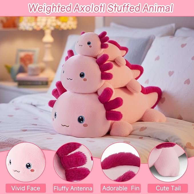 SQEQE Weighted Stuffed Animal Axolotl, Soft Weighted Axolotl Plush Toy, Cute Hugging Pillow Gift for Kids Adults, Home Decoration Valentines Gifts Birthday Present 23.6 Inch, 3.8 Lb