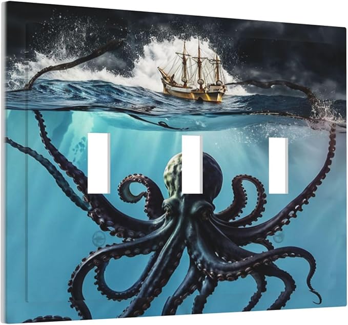 Light Switch Cover Plate Black Ocean Nautical Octopus Ship Funny Kraken 3 Gang Switch Plate Covers Triple Toggle Decorative Wall Plates Electrical Faceplate for Bathroom Home Decor