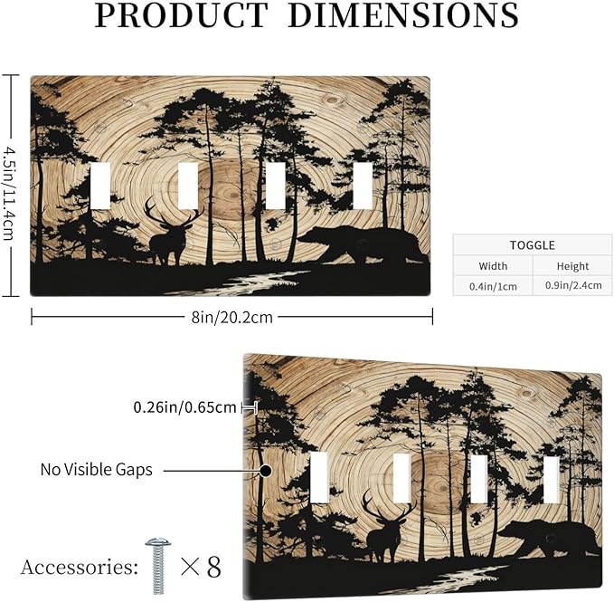 Rustic Forest Antler Black Bear Deer Silhouettes Light Switch Covers Quad Toggle Electrical Faceplate 4 Gang Wall Plate Decorative Switch Plates Cover for Farmhouse Home Decor