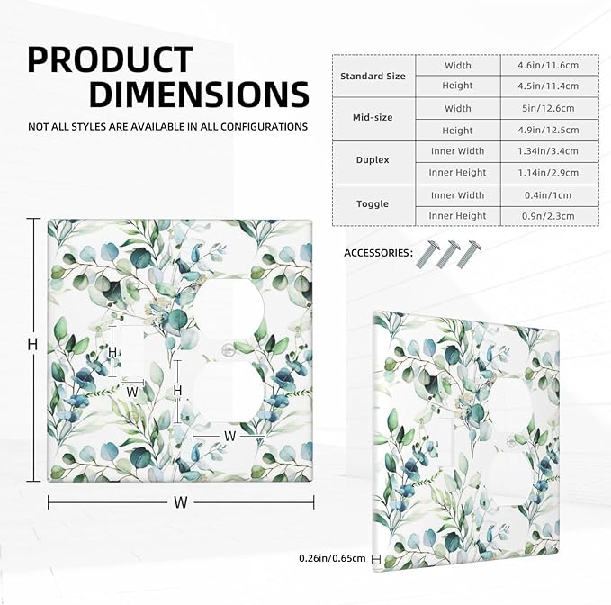 Green Eucalyptus Sage Leaves Combination 1-Toggle 1-Duplex Receptacle 2 Gang Wall Plate, Spring Elegant Watercolor Greenery 2 Gang Combo Single Toggle/Light Switch One Duplex Outlet Faceplate Cover