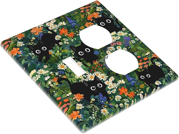 Funny Boho Cute Black Pets Cats Paw 2-Gang 1-Toggle 1-Duplex Device Combination Wallplate Cool Lovely Kawaii Cartoon Kittens One Toggle Switch and One Duplex Receptacle Outlet Combo Light Switch Cover