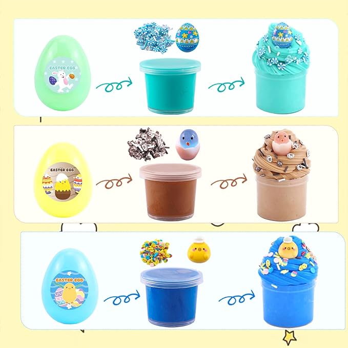 8Pack Butter Slime kit for Kids,Easter Basket Stuffers Party Favors Stretchy and Non-Sticky, Sensory Play Kit and Easter Basket Fillers Slime and Charms - Prefilled Eggs