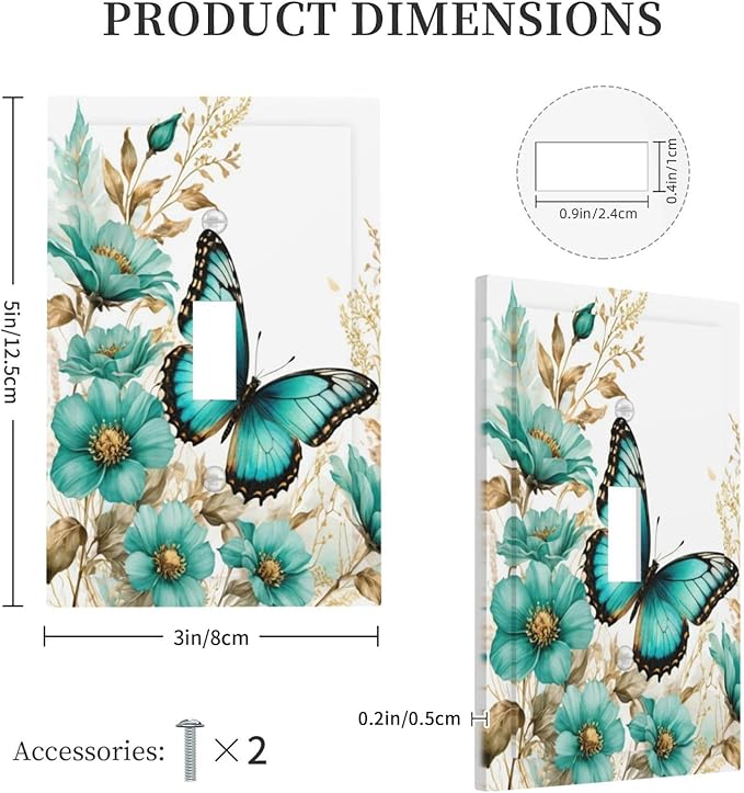 Decorative Light Switch Cover Plate - Butterfly on Blue Daisy Flower Floral Golden Leaf 1 Gang Oversized Single Toggle Wall Cover Jumbo Electrical Face Plate