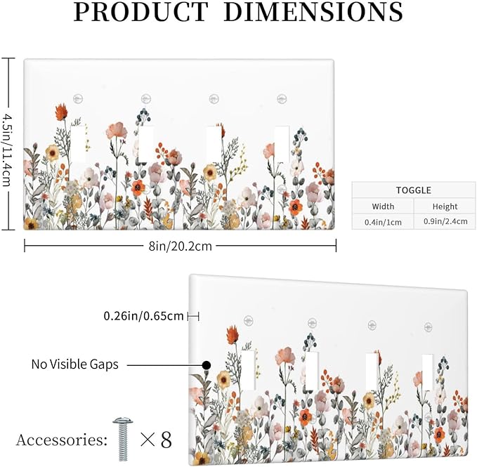 Light Switch Covers Colorful Wildflowers Boho Vintage Floral Quad Toggle Electrical Faceplate 4 Gang Wall Plate Decorative Switch Plates For Bed Room Living Room Decor