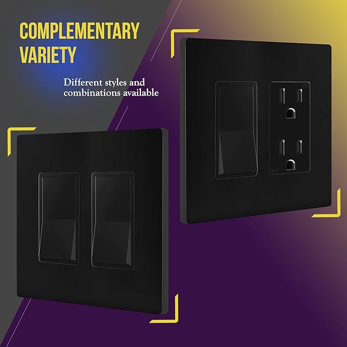 ENERLITES Screwless Decorator Wall Plates Child Safe Outlet Covers, Gloss Finish, Medium Size 2-Gang 4.88" H x 4.92” L, Unbreakable Polycarbonate Thermoplastic, SI8832M-BK, Black
