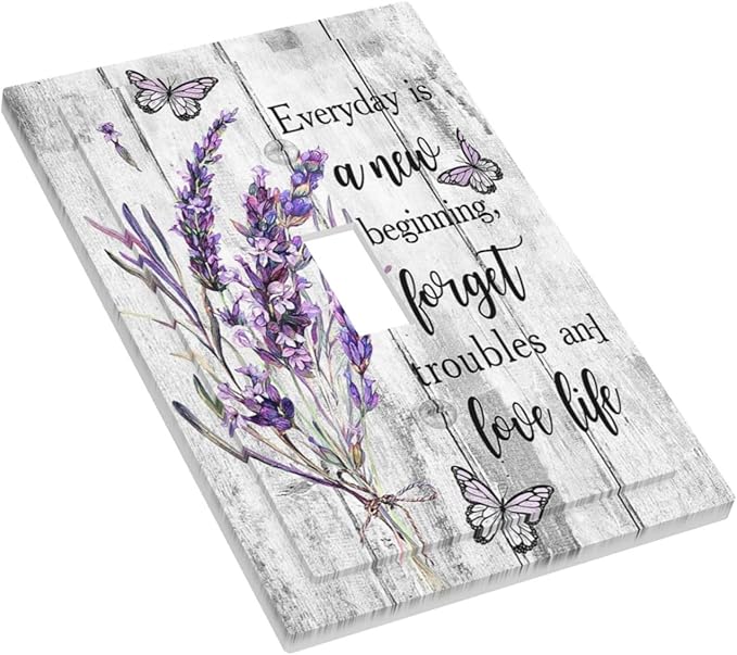 Decorative Light Switch Cover Plate Purple Lavender Flower Butterfly on Wood Plank 1 Gang Single Toggle Wall Plates for Electrical Outlet Covers Switch Plate Covers Faceplate for Home Decor