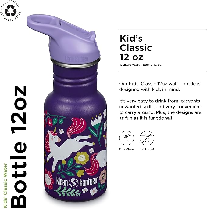 Klean Kanteen 12 oz Classic Kid's Water Bottle with Flip Seal Sport Cap & Straw - 100% Leakproof Cap - Durable Stainless Steel Material - Lightweight & Easy-Grip - BPA-Free - Leaping Unicorns