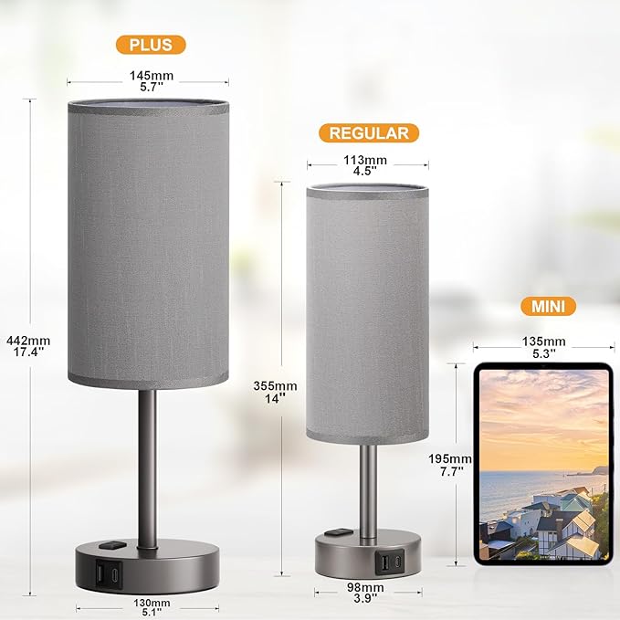 Fenmzee Grey Nightstand Bedroom Lamp - 3 Way Dimmable Bedside Lamp USB C A Charging Ports and AC Outlet, Small Table Lamp Linen Lampshade for Office Desk