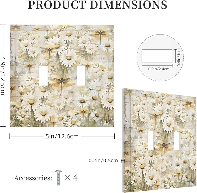 Vintage Letter Paper Wildflowers Dragonfly Daisy Floral Decorative Switch Plates 2 Gang Double Toggle Outlet Light Switch Cover Wall Plate Electrical Faceplate for Farmhouse Bedroom Decor