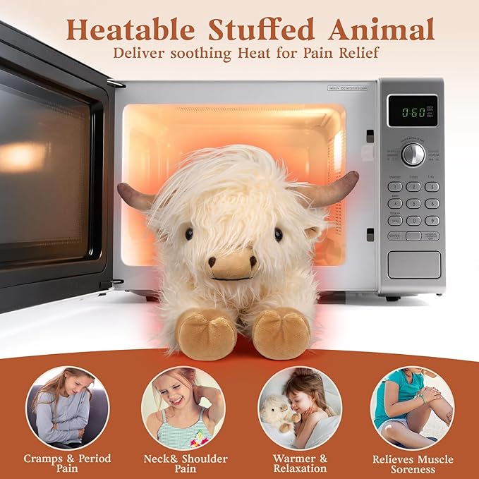 Highland Cow Stuffed Animals, Microwavable Stuffed Animal Adorable Fluffy Highland Cow Plush for Warmth Comfort, Heatable Coolable Lavender Scent Toy, Cute Soft Plushies Gift for Kid Boy Girl & Adult
