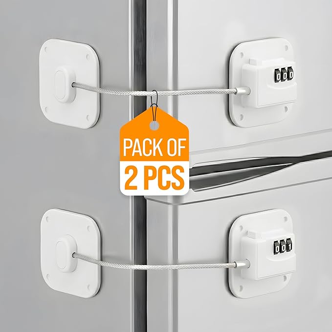 Fridge Lock,2 PCS Refrigerator Lock for Freezer,Cabinets and Drawers,Air Fryer,Doors,Combination Code,Heavy Duty with Adhesive Backing,Easy Install,No Keys Needed White