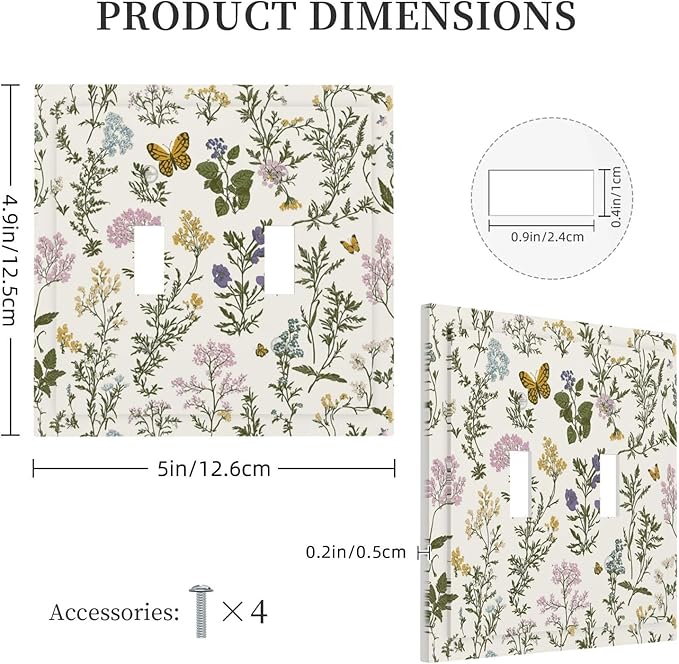 Decorative Switch Plates Vintage Colorful Flowers Butterfly Floral 2 Gang Double Toggle Outlet Light Switch Cover Wall Plate Electrical Faceplate For Bed Room Living Room Decor