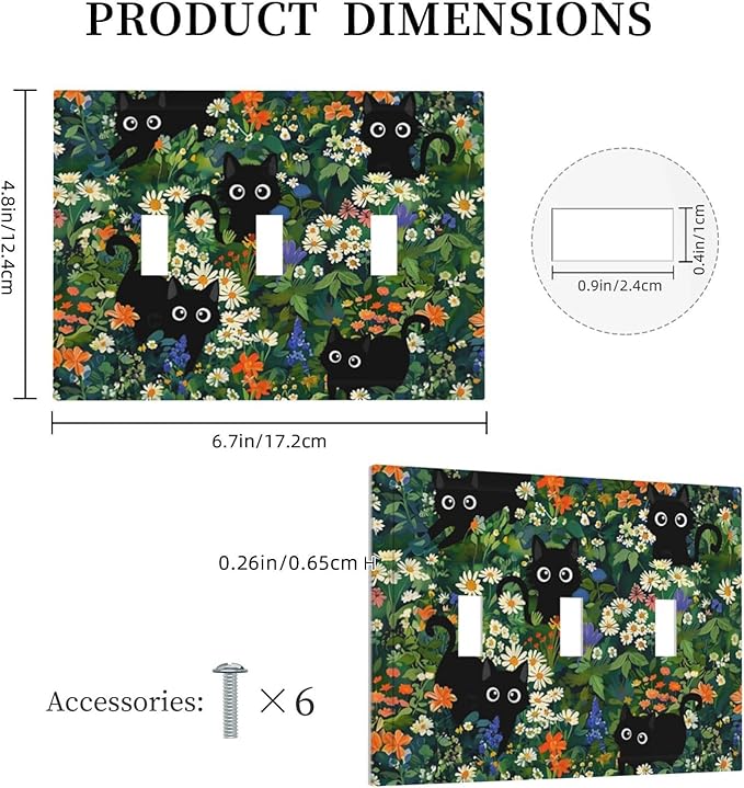Cartoon Cool Kids Boys Animal Triple Toggle Decorator Outlet Light Switch Wall Plate Cover Funny Boho Cute Black/Green Cats Pet Kittens Jumbo Decorative 3 Gang Three Device Receptacle Faceplate Cover