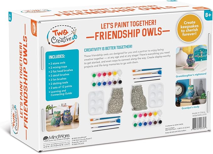 MindWare Two Creative Friendship Owls Stone Décor Painting Craft Kit for Two - Ideal Kids Arts & Crafts Kit for Ages 8 & Up - Learn How to Paint