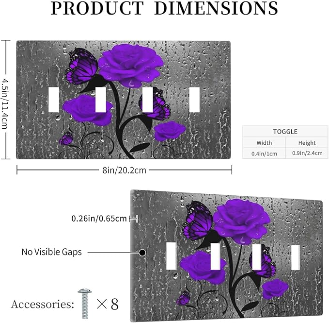 Purple Butterfly Rose Flower 4 Gang Light Switch Cover Decorative Quad Toggle Wall Plate Decorative Electrical Faceplate For Girls Room Bedroom Decorate Screwless 8" x 4.5 Large Size