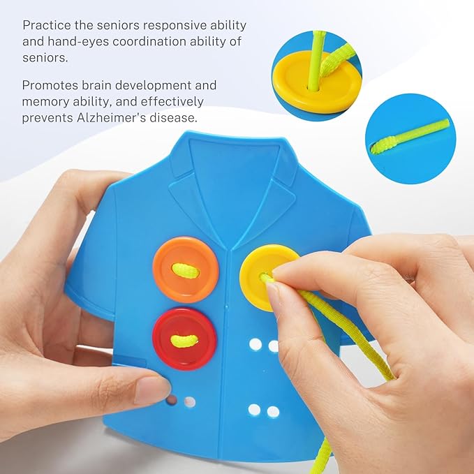 Clothes Lacing Cards for Seniors with Dementia & Alzheimer‘s - Fine Motor Skills Activity with Buttons & Zipper, Occupational Therapy Tools for Elderly to Practice Dressing Skills