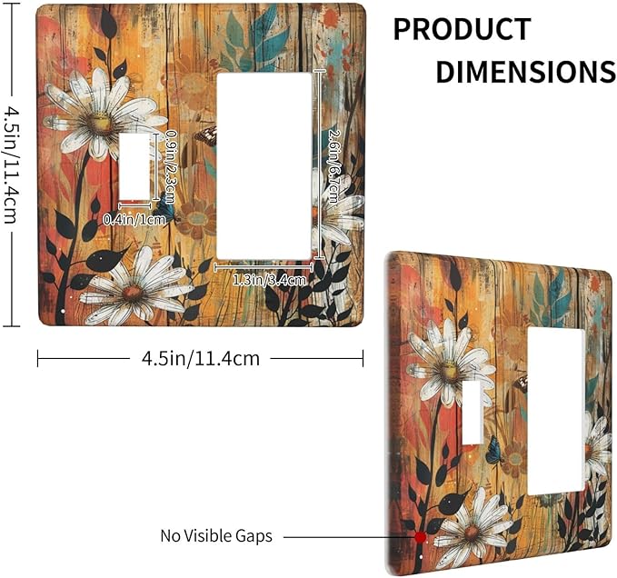 Light Switch Cover Plate Vintage Wooden Daisies Butterflies Floral 2 Gang Combo Wall Plates Toggle Rocker Decorative Switch Plates and Outlet Covers for Bathroom Farmhouse Decor