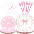 CANREVEL 96 PCS Bow Party Plates Serve 24, Bow Plates and Napkins Forks Set, Disposable Tableware for Birthday Supplies Party Decorations for Grils Kids Women