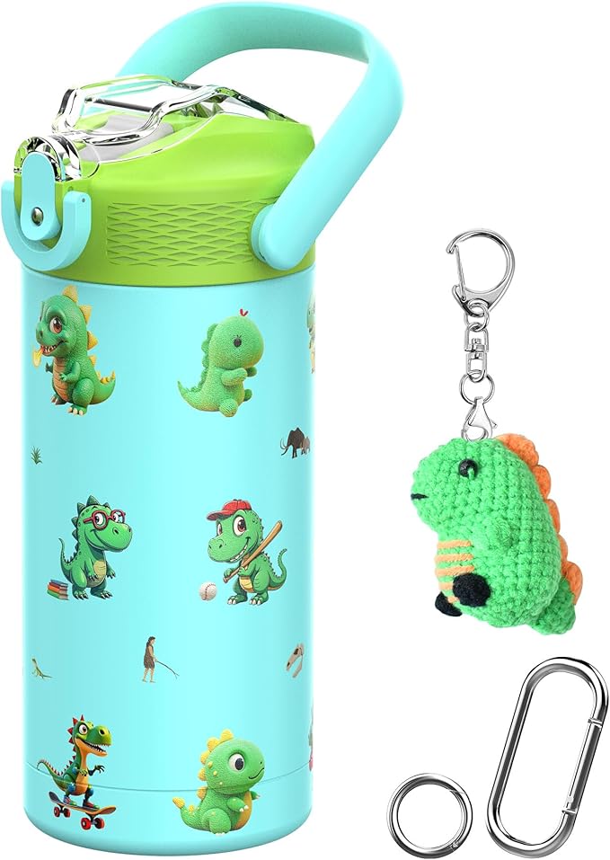 MYFOREST 14oz/400ml Insulated Kids Water Bottle, Odor-Free Surgical Grade Liner, Dishwasher-Safe, Name Spot, Soft Sipper, Gift for Dino Fan (Blue. Dinosaurs)