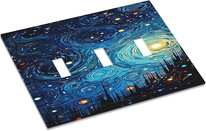 Decorative Light Switch Cover Plate Abstract Starry Night Style 3 Gang Wall Plate Triple Toggle Switch Plate Covers Electrical Outlet Cover for Home living Room Decor