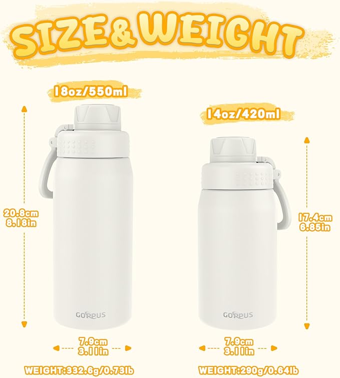 GOPPUS 15oz Kids Water Bottle with Spout Lid, Toddler Water Bottle, Stainless Steel Insulated Water Bottle, Leakproof, BPA Free, Suitable for Boys and Girls for School（Warm White）
