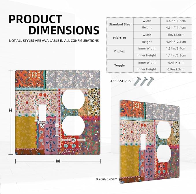 Decorative Outlet Covers Boho Patchwork Bohemian Stitching Colorful Floral 2 Gang Wall Plate Single Toggle Duplex Light Switch Cover Switch Plate Covers Faceplate for Bedroom Decor
