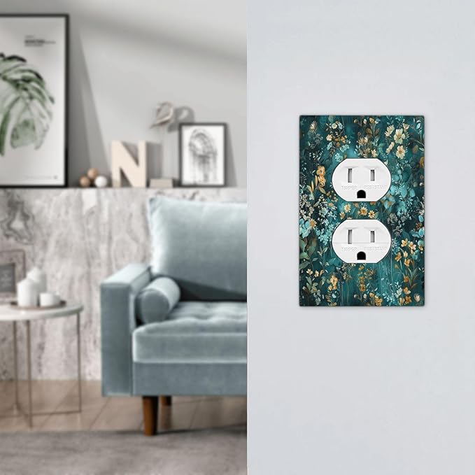 Outlet Covers Green Leaf Floral Boho Golden Flower Plant 1 Gang Duplex Light Switch Cover Decorative Switch Plates Electrical Receptacle Faceplate Wall Plate For Bed Room Cabin Decor