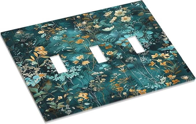 Decorative Switch Plates Green Leaf Floral Boho Golden Flower Plant 3 Gang Wall Plate Triple Toggle Light Switch Cover Faceplate Electrical Wall Panels For Bed Room Cabin Decor