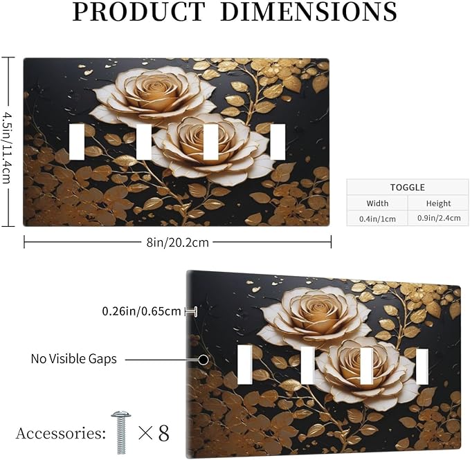 Decorative Light Switch Plate Covers Big Golden White Roses Glod Leaves Black Background 4 Gang Wall Plate Switch Cover Plate Quad Toggle Jumbo Electrical Faceplate for Home Decor