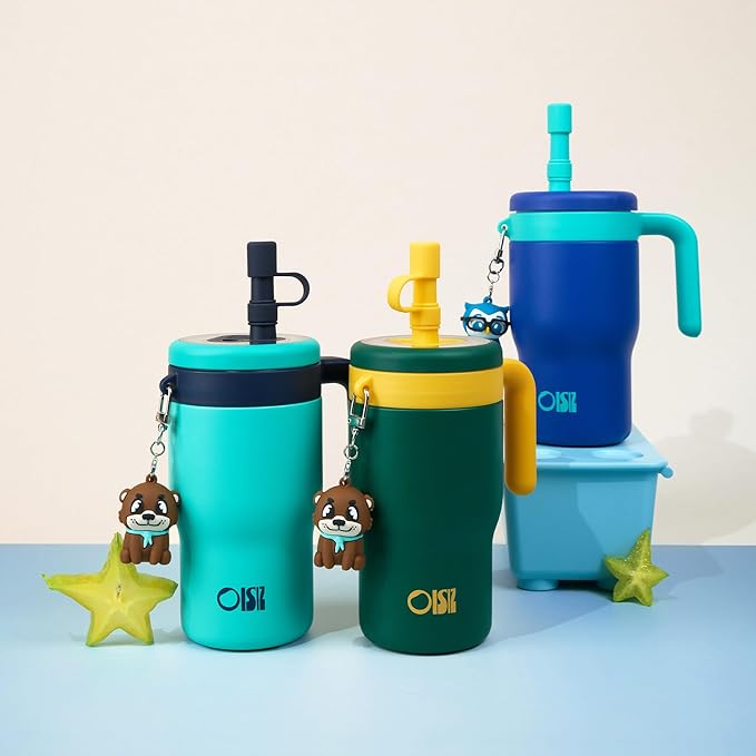 OISIZ 14oz Kids Tumbler with Straw Lid & Handle,Kids Cup with Animal Accessory for School,Kids Water Bottles with Dust-proof Cover,Leakproof Bottles,316 Stainless Steel,Keep Cold 24 Hours-dark green