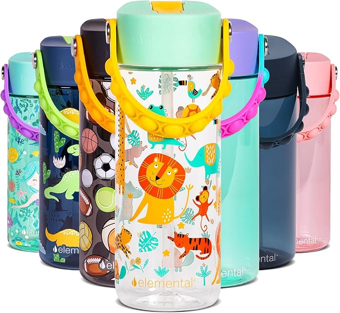 Elemental Water Bottles for Kids - Splash Kids Water Bottle for School with Pop-it Handle - BPA Free Tritan Plastic Water Bottle with Straw Leak Proof when Spout is Closed - Clear Jungle - 18oz