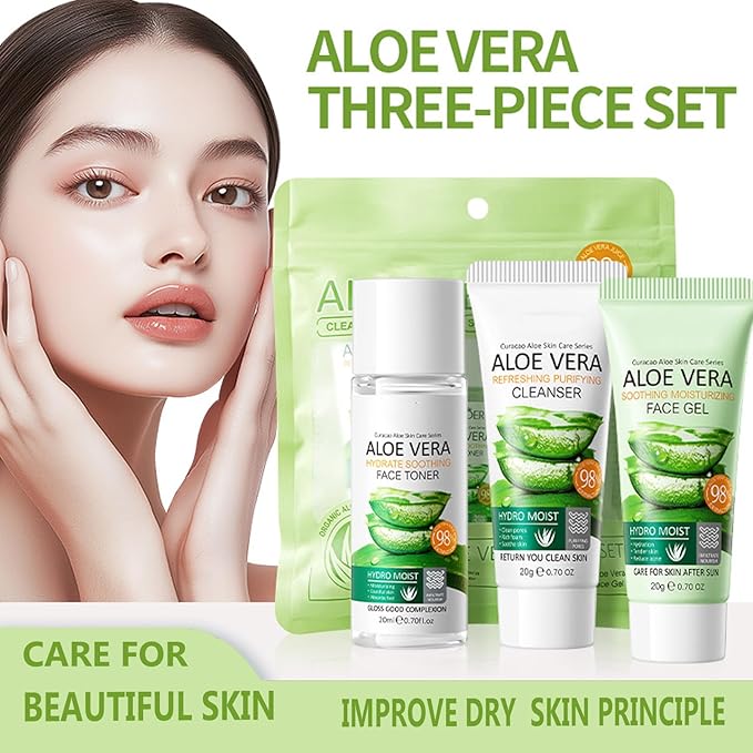 Aloe Vera Skin Care Travel Kit,3 Piece Skincare Essentials Set Mini Travel Size,Soothing and Hydrating After Sun,for Women and Teenage Girls- Travel Essentials Gift Set