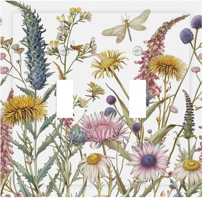 Light Switch Cover Plate Botanical Wildflowers Dragonfly Colorful Floral 2 Gang Double Toggle Decorative Switch Plates Wall Plates Electrical Faceplate for Bathroom Bedroom Decor