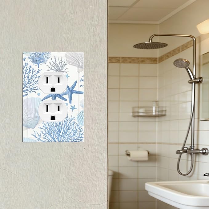 Coastal Blue Coral & Starfish Duplex Wall Plate - 1-Gang Standard US Size Watercolor Ocean Treasures Outlet Covers, Serene Underwater Garden for Beach House Decor