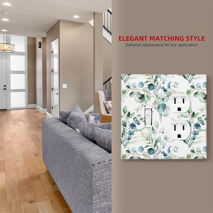 Green Eucalyptus Sage Leaves Combination 1-Toggle 1-Duplex Receptacle 2 Gang Wall Plate, Spring Elegant Watercolor Greenery 2 Gang Combo Single Toggle/Light Switch One Duplex Outlet Faceplate Cover