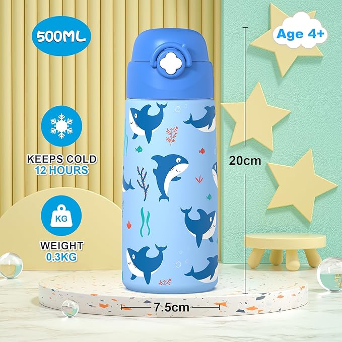 Boys Insulated Water Bottle with Covered Pop-Up Straw,16 oz Kids Cups with Stainless Steel Leak Proof for School（Blue-Shark）