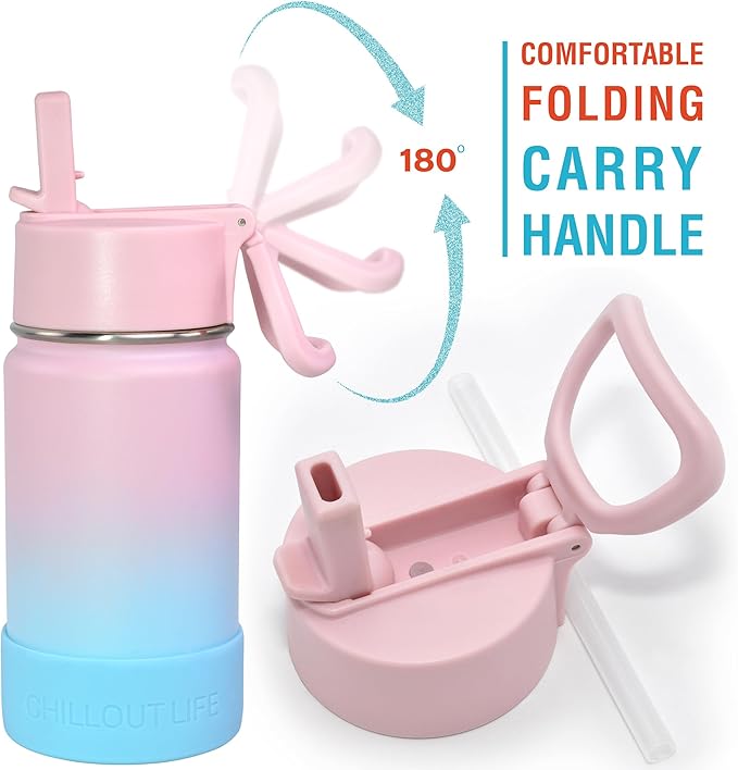 CHILLOUT LIFE 12 oz Kids Insulated Water Bottle for School with Straw Lid Leakproof and Cute Waterproof Stickers, Personalized Stainless Steel Thermos Flask Metal Water Bottle for Girls & Boys