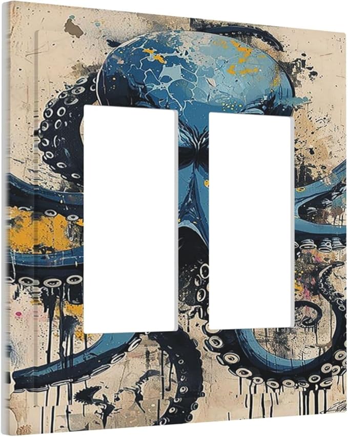 Decorative Outlet Covers Nautical Vintage Blue Octopus Yellow Eyes Oil Watercolor 2 Gang Double GFCI Rocker Electrical Wall Panels Light Switch Cover Plate for Kids room Nursery Decor
