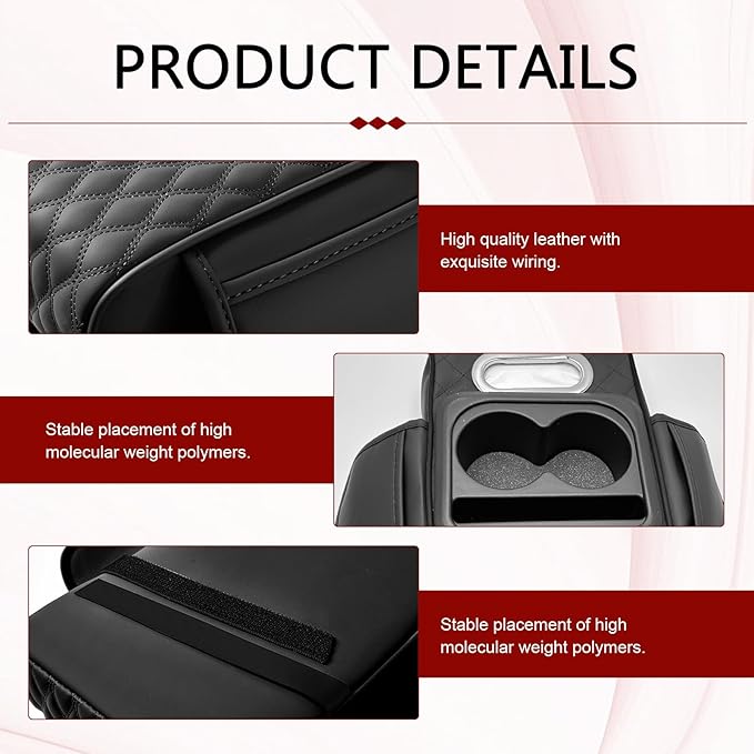 Car Center Console Cover, Upgrade 5-in-1 Genuine Leather Thickened Armrest Box, Armrest Storage Box with Cup, Universal Car Accessories Interior Organizers, for Most Cars (Black)