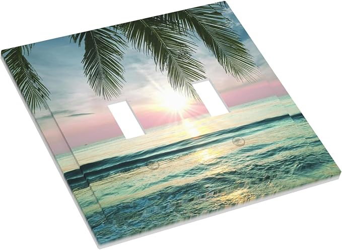 Tropical Beach Sunset Double Toggle Switch Cover - 2-Gang Standard US Size Palm Fringe Ocean View Light Switch Covers for Pool Beach House Decor