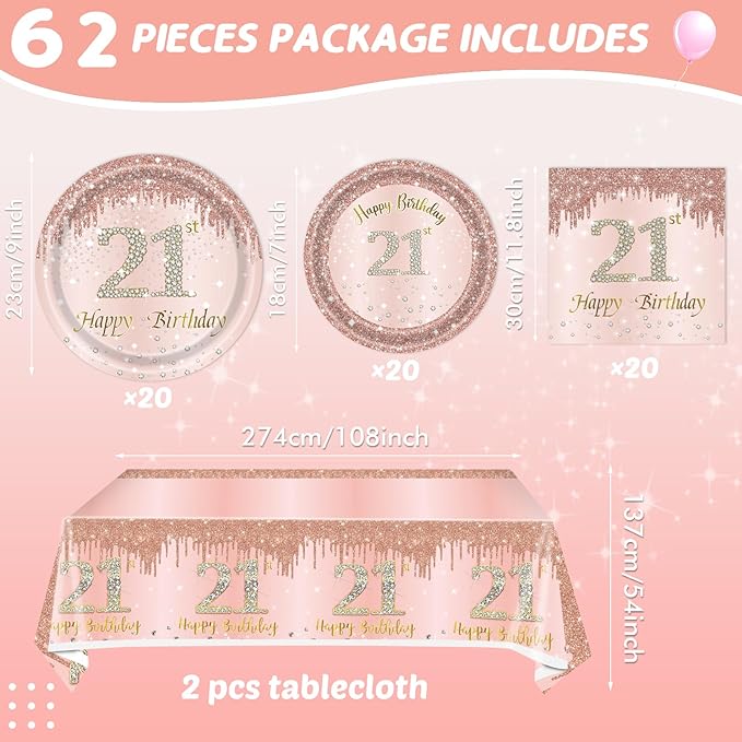 62Pcs 21st Birthday Decorations for Girls Her, Rose Gold Birthday Party Supplies Include 40Pcs Plates 20Pcs Napkins and 2Piece Tablecloth, Rose Gold Sweet 21 Party Tableware for 20 Guests